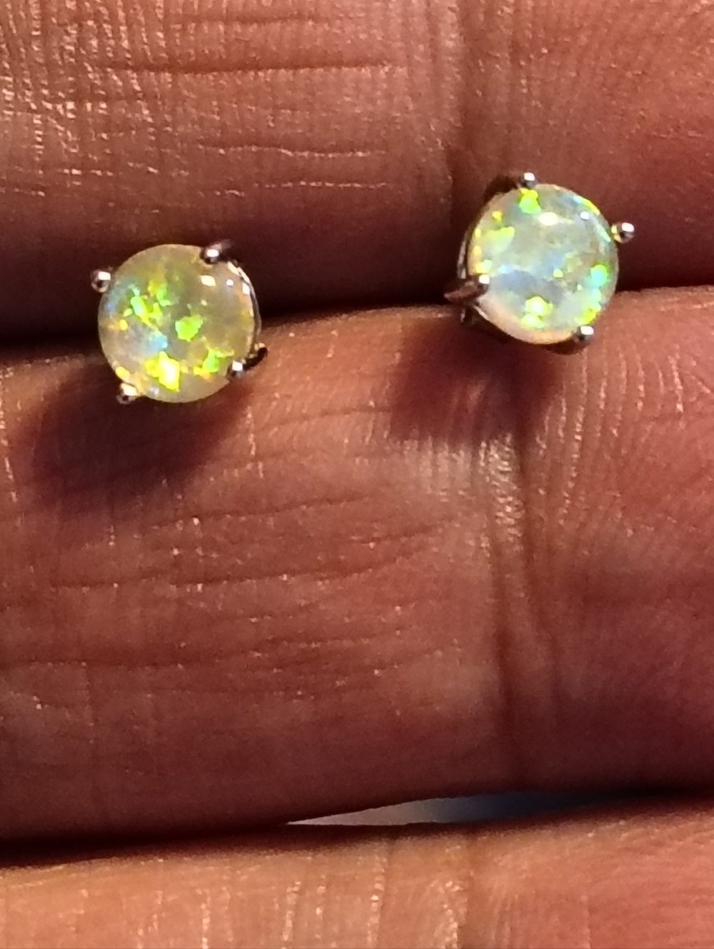 Opal Round Stud Earrings - Iridescent White Opal in Sterling Silver Setting